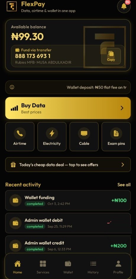 FlexPay home screen with wallet balance, account number and recent activity